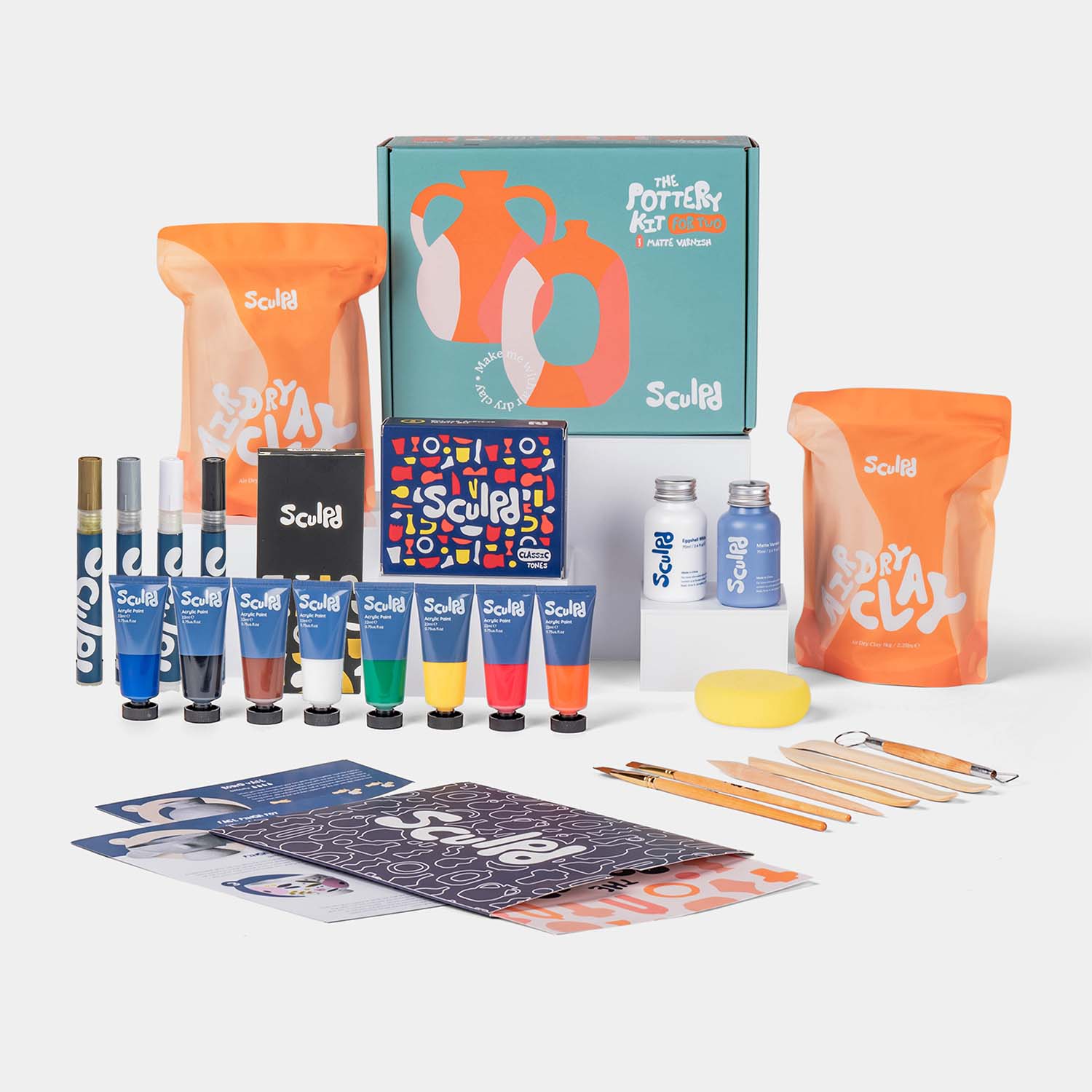 Sculpd pottery kit for two with classic paints, monotones pens and varnish