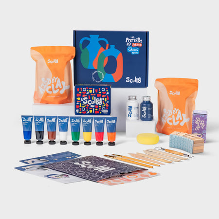 Pottery Kit for Two in Dark Blue Box with Classic Paints and Letter Stamps