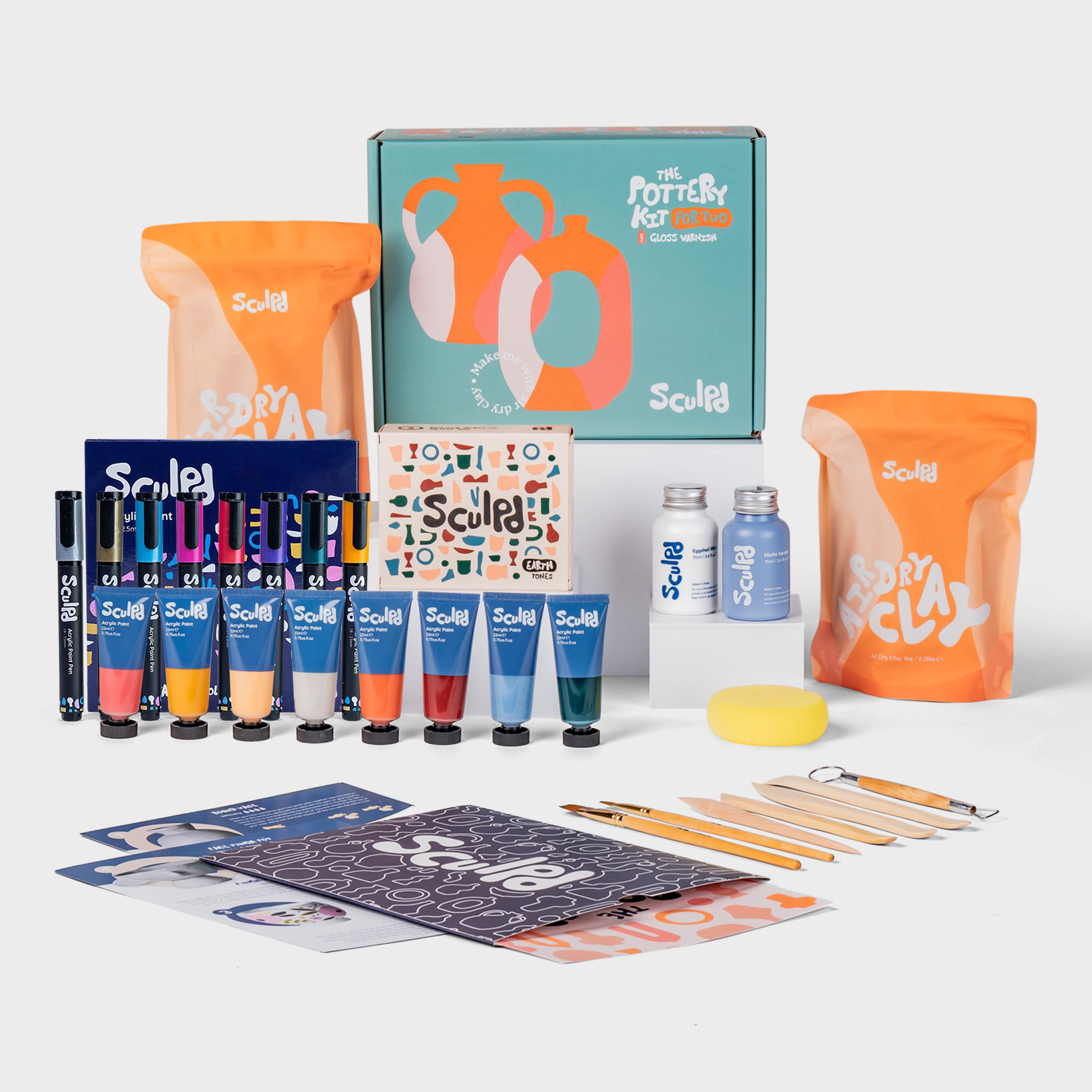Sculpd pottery kit for two with earth paints, and metallic pens set